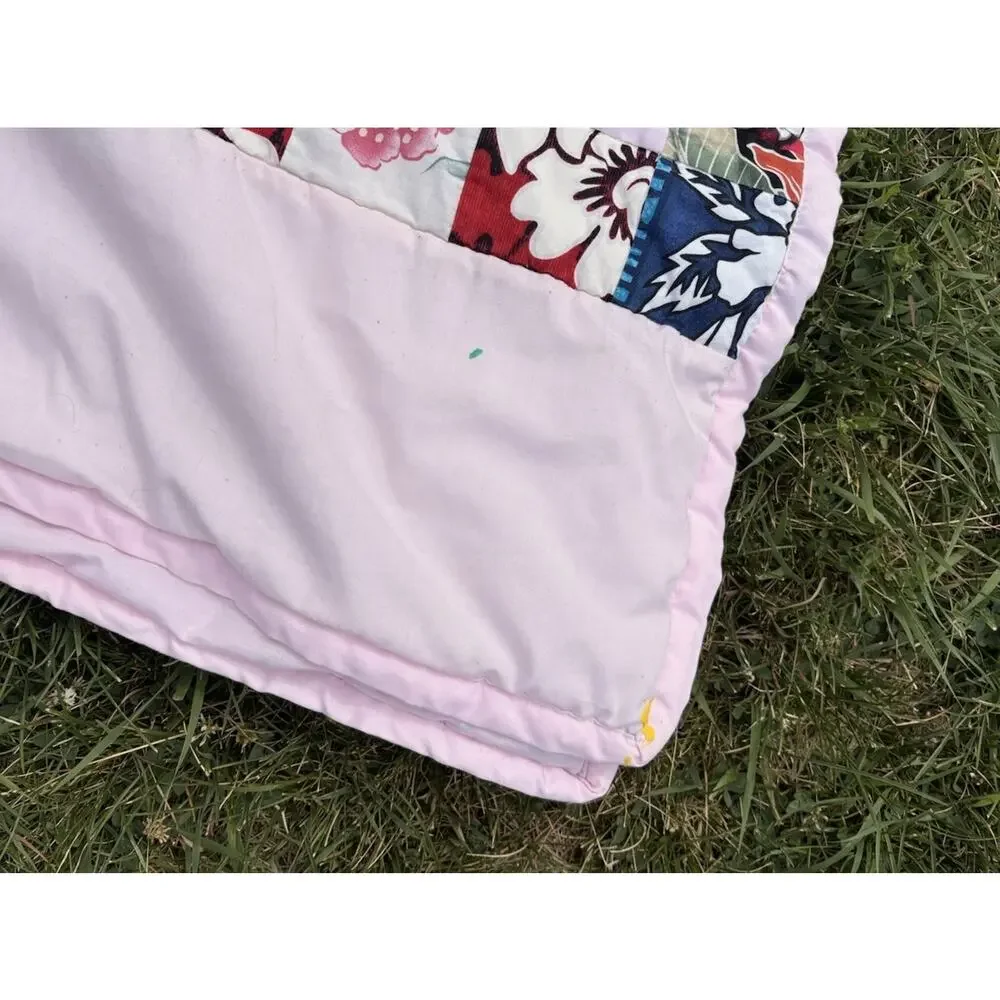 Vintage Handmade Hawaiian Pattern Patchwork Quilt Size 74x74 Pink M7